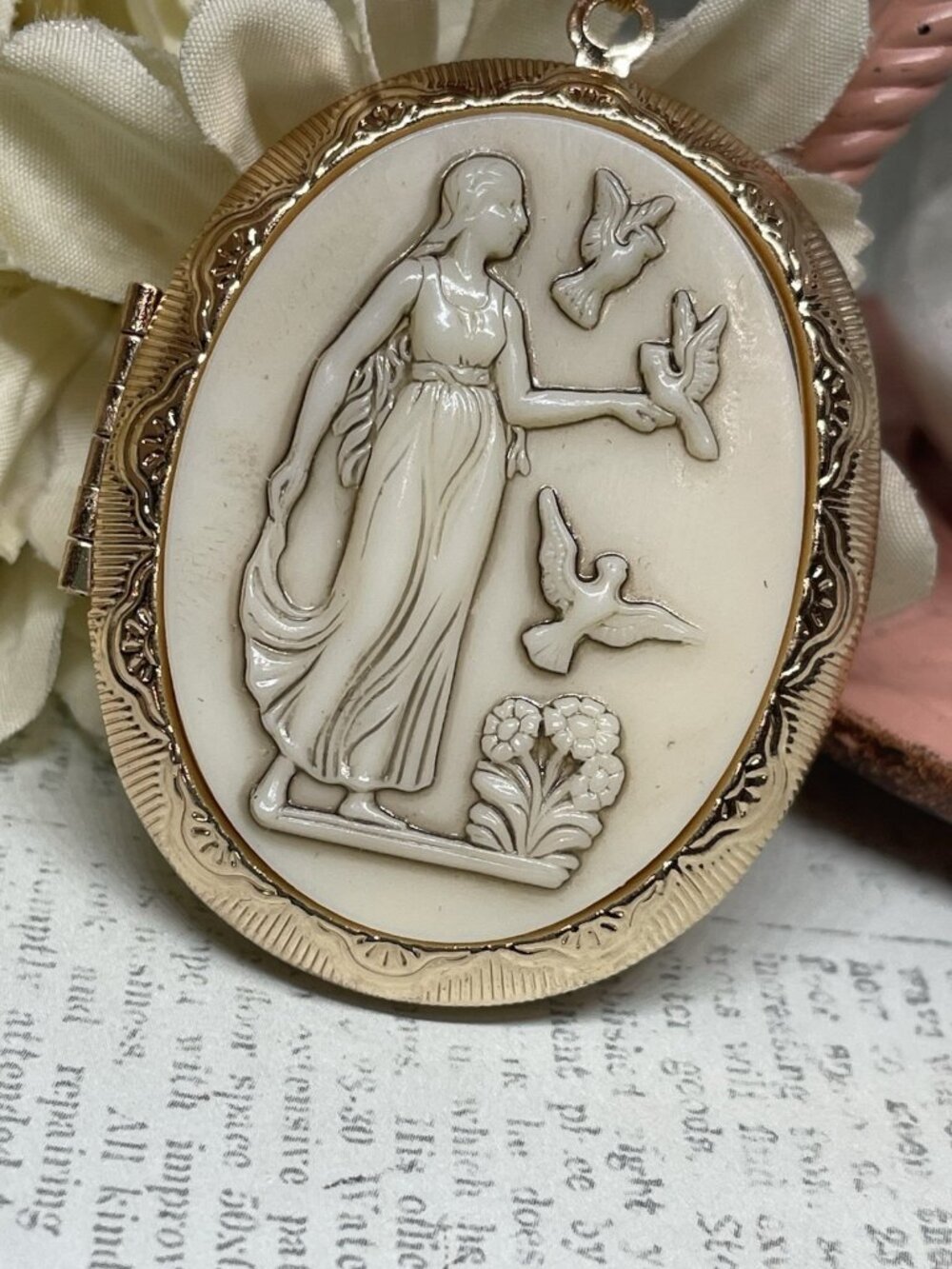 Rose Gold White Neoclassical Slate Carved Bird Lady Dove Necklace Locket Jewelry